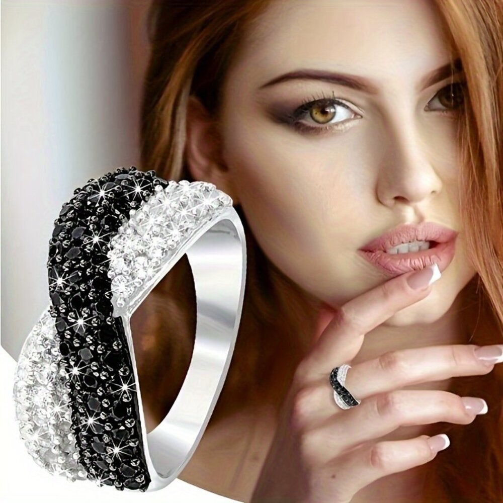 Striking Black and Silver Crossover Ring - Picture 1 of 9